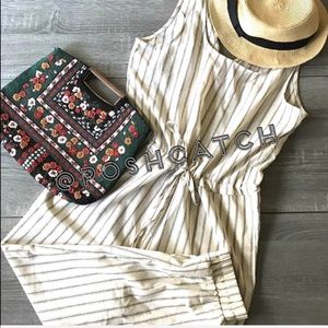 NEW Anthro Beige Black Striped Linen Jumpsuit